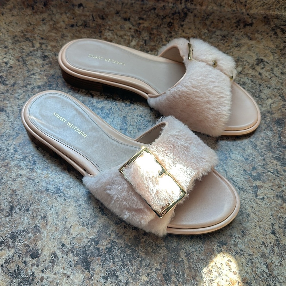 Stuart Weitzman pink/peachy nude and gold wooden sandal/ flat